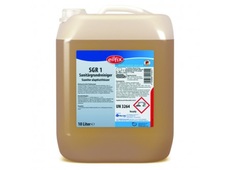 SGR1-10 - Szaniter alaptisztítószer, 10 L - Nagy hatékonyságú tisztítószer kerámia, üveg és akril felületekre. Eltávolítja a vízkövet és az ásványi lerakódásokat Magas hatékonyságú szer, gyors és gazdaságos takarítást tesz lehetővé.

• kiválóan alkalmas medencetisztításhoz is
• csak saválló fémeken alkalmazható
• piszoárok urinkő lerakódásait oldja
